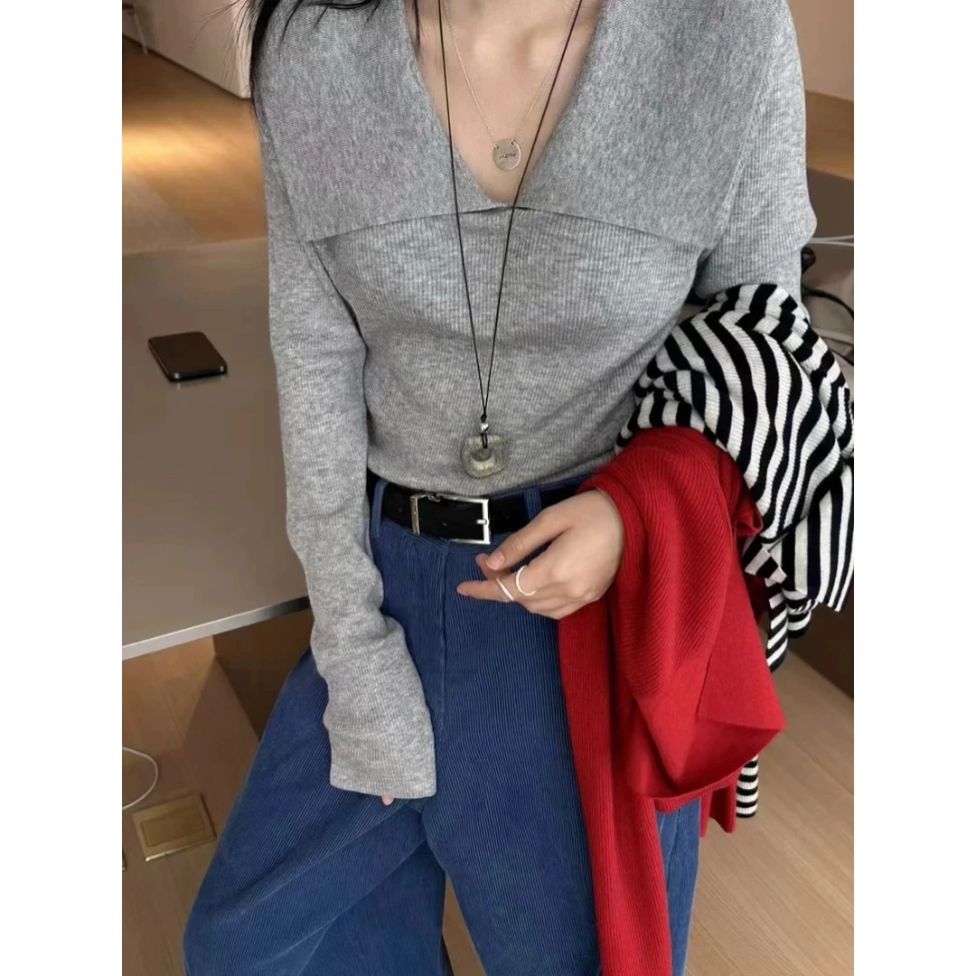 【荷叶边大翻领针织长袖】时尚百搭气质法式设计感春秋针织衫上衣女