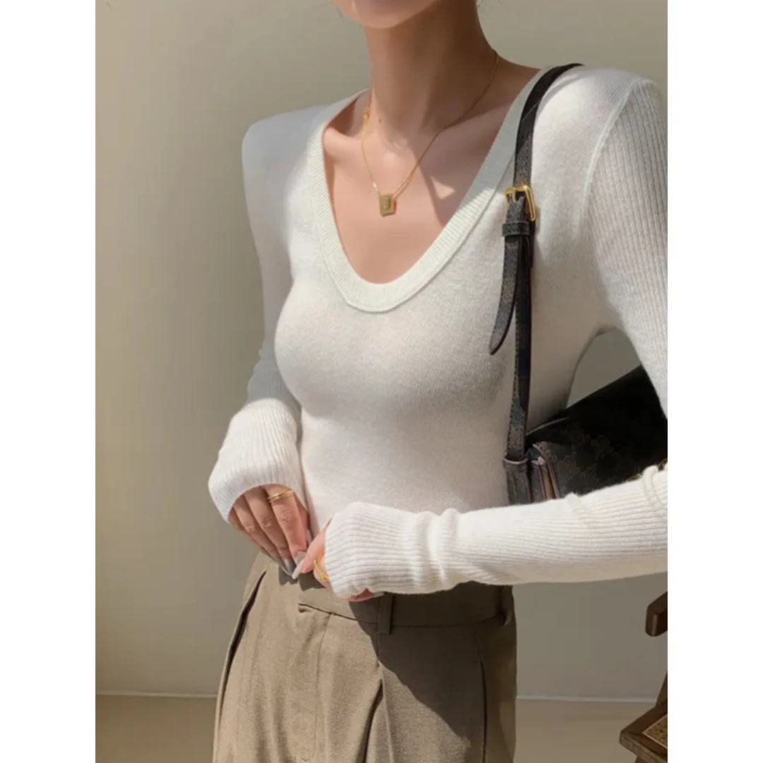 【法式鹅蛋领长袖针织衫】百搭纯色U领薄款气质显瘦打底衫上衣女