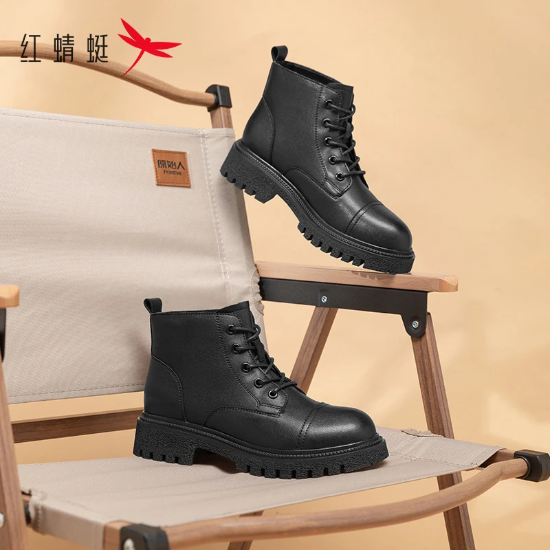 红蜻蜓秋冬季时尚休闲甜美法式英伦风圆头厚底舒适加绒女士马丁靴