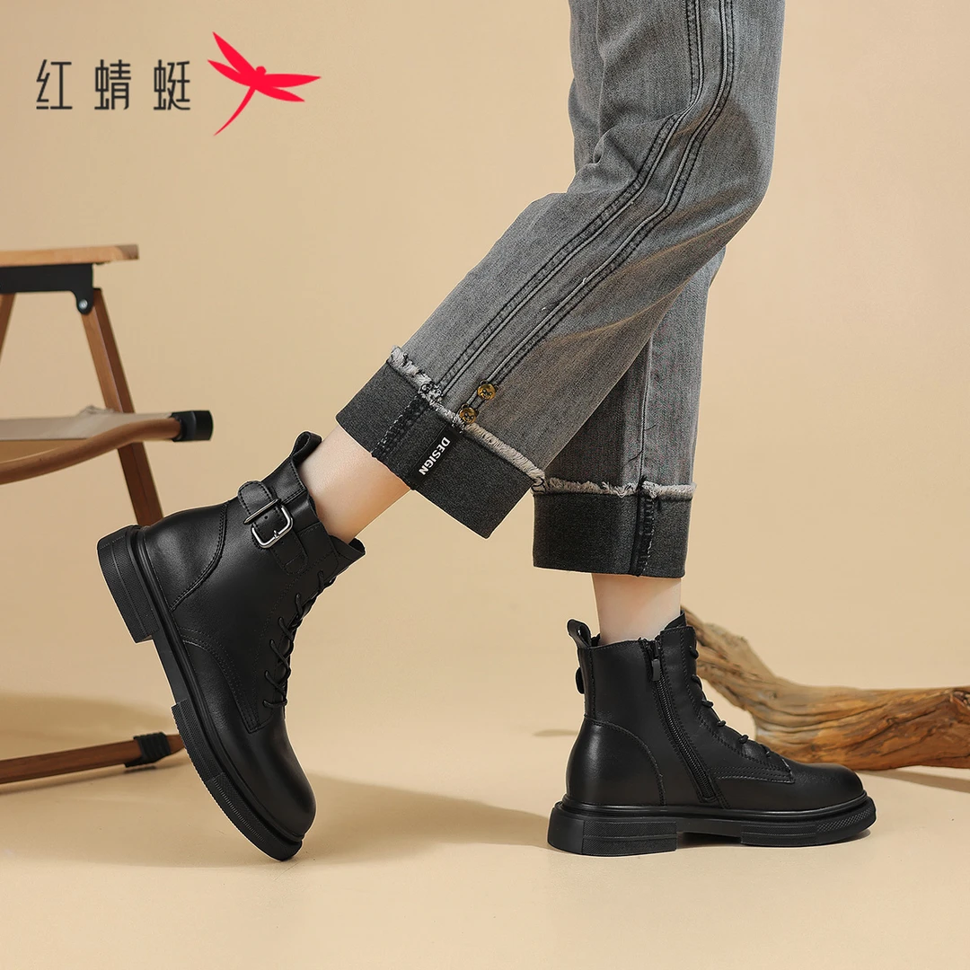红蜻蜓女式秋冬季时尚休闲百搭加绒保暖高帮系带圆头黑色马丁靴