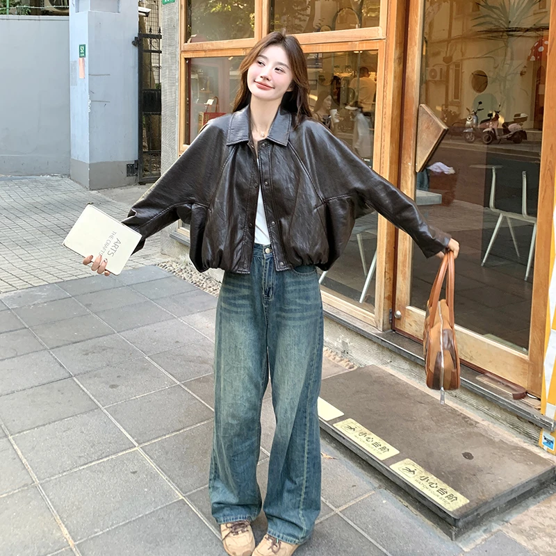 2C135-6821秋季2024新款时尚百搭韩版皮衣外套秋冬季韩系宽松大码