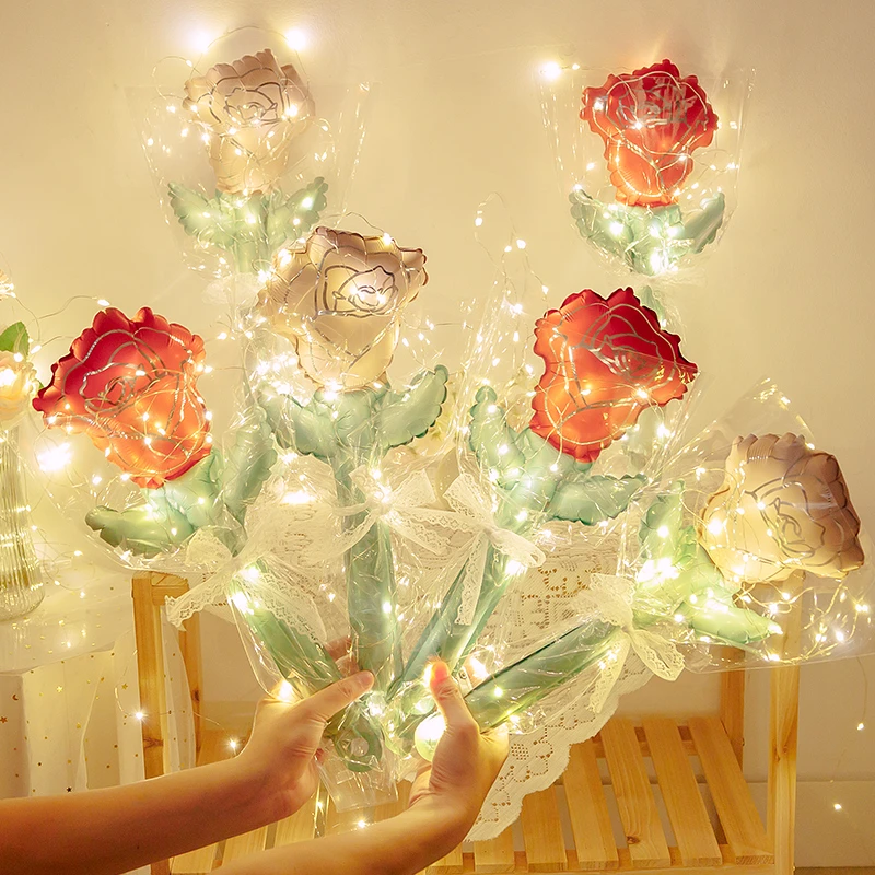 七夕情人节装饰发光玫瑰花束气球浪漫活动拍照道具场景布置小礼品