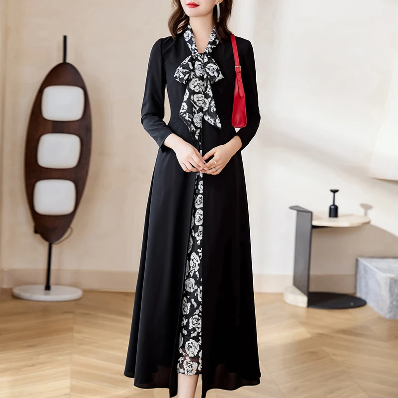 2025春季设计感假两件拼接扎结领玫瑰花收腰大摆连衣裙女-黑玫