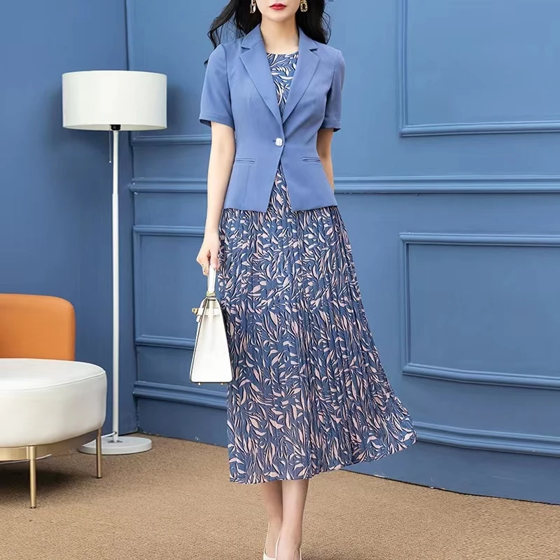 首尚格释2024年新款百褶套裙女洋气时尚修身显瘦短袖连衣裙两件套