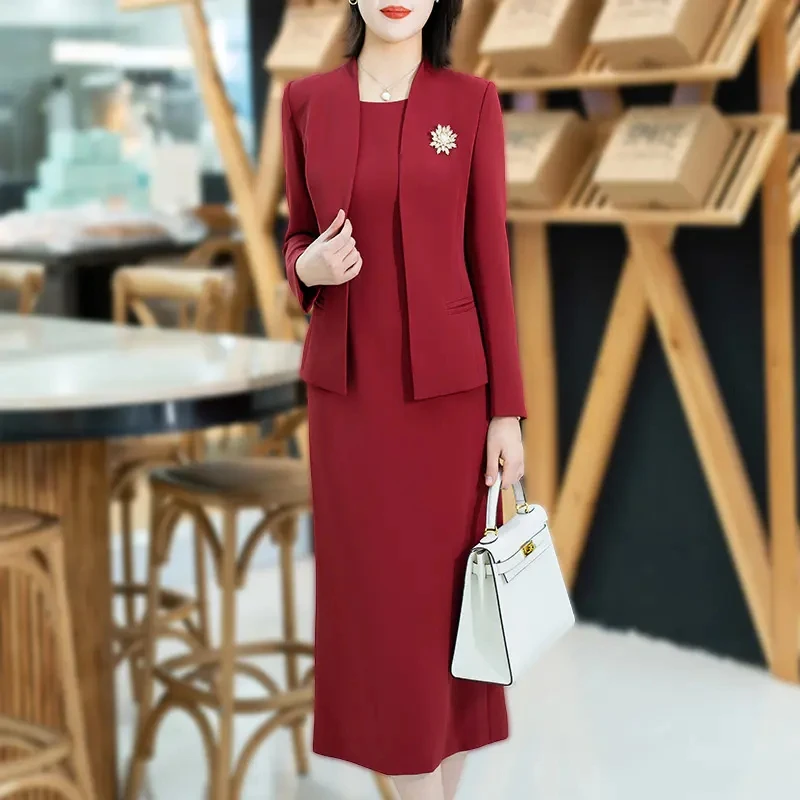 喜婆婆婚宴装修身职业装新款洋气气质时尚简约中年妈妈红色套装