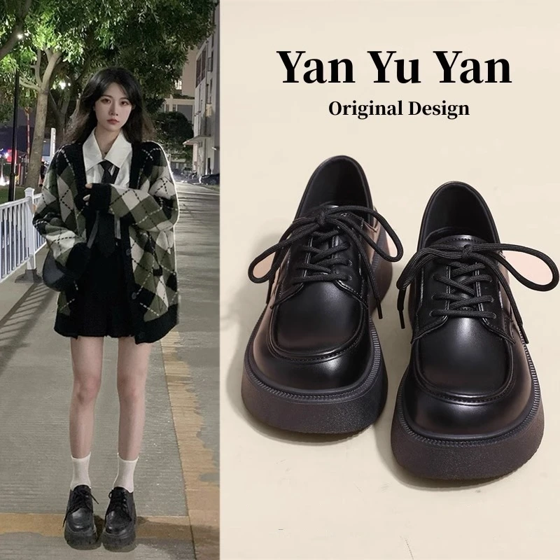 小皮鞋女2024夏季新款英伦风复古黑色百搭松糕系带两穿厚底乐福鞋