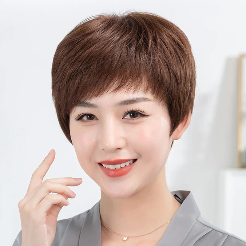 假发发套短发女全真发真人发丝全头套50岁气质妈妈假发遮白发舒适