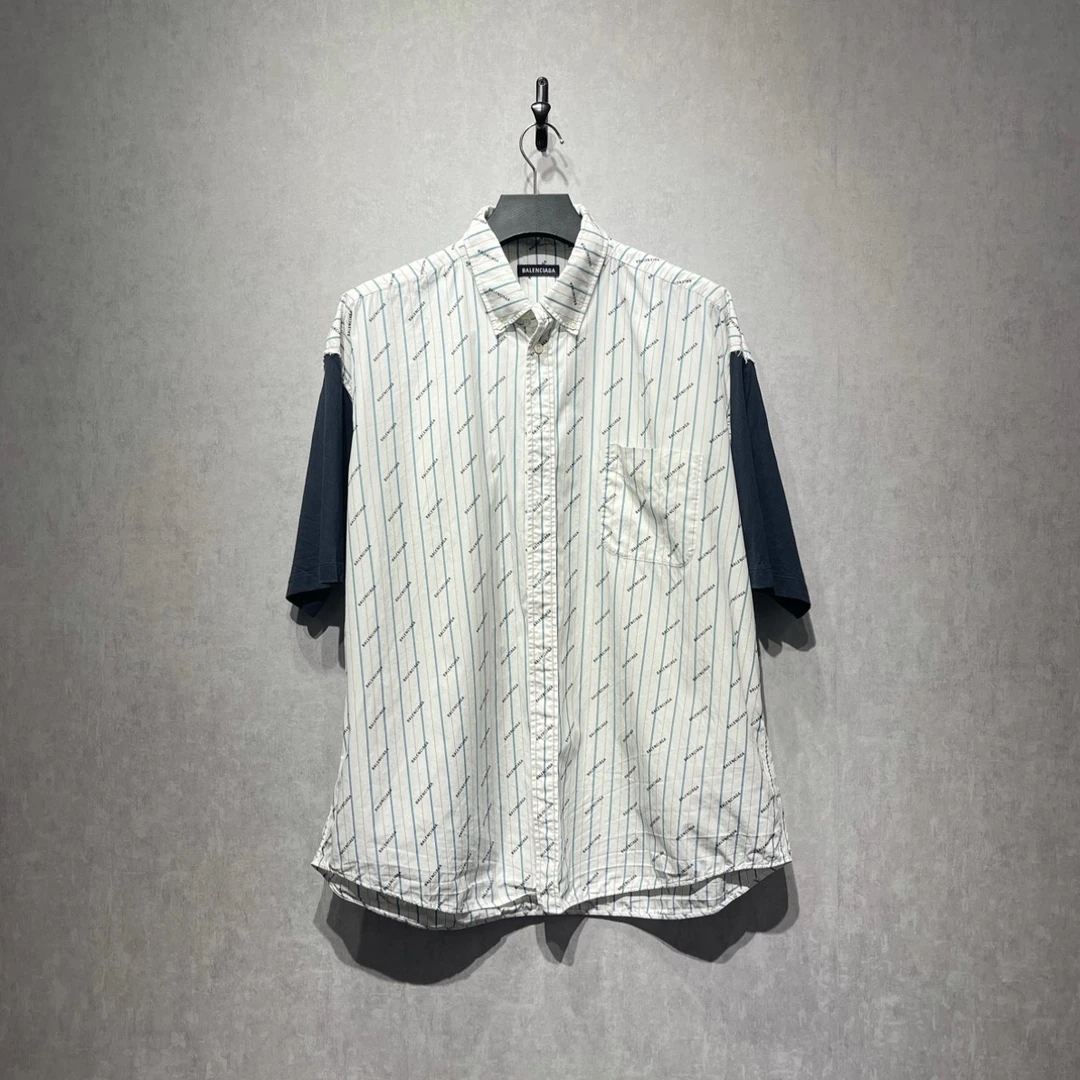 99新 Balenciaga/巴黎世家 巴黎世家弹幕拼接短袖衬衫/39码/98新