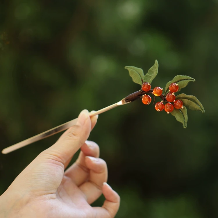 相思红豆发簪女高级感盘发簪子女古风旗袍汉服发饰缠花叶片古典美