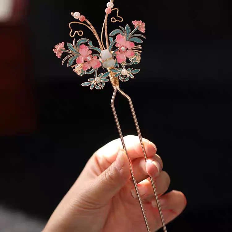 簪子高级感滴油烧蓝汉服旗袍发钗手工发簪蝴蝶发发钗重工款式新娘