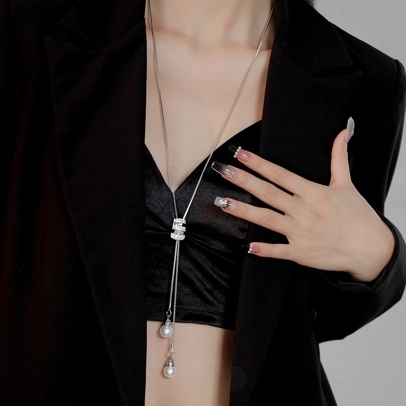 合金项链 【晶莹落锁】设计感长款毛衣链女时尚项链