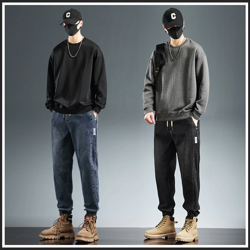 加绒加厚休闲套装男士冬季御寒保暖男装圆领套头上衣束脚牛仔裤子