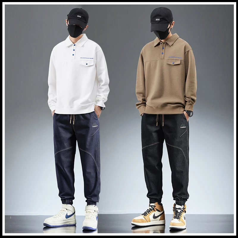 秋冬带绒保暖男士套装时尚翻领潮流POLO衫休闲运动加绒保暖束脚裤