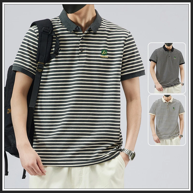 条纹短袖T恤男夏季薄款休闲翻领衬衫男装百搭宽松撞色青年POLO衫