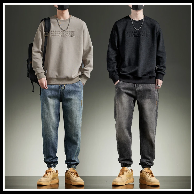 春秋季休闲运动套装男士新款束脚哈伦牛仔裤潮牌男装提花长袖卫衣