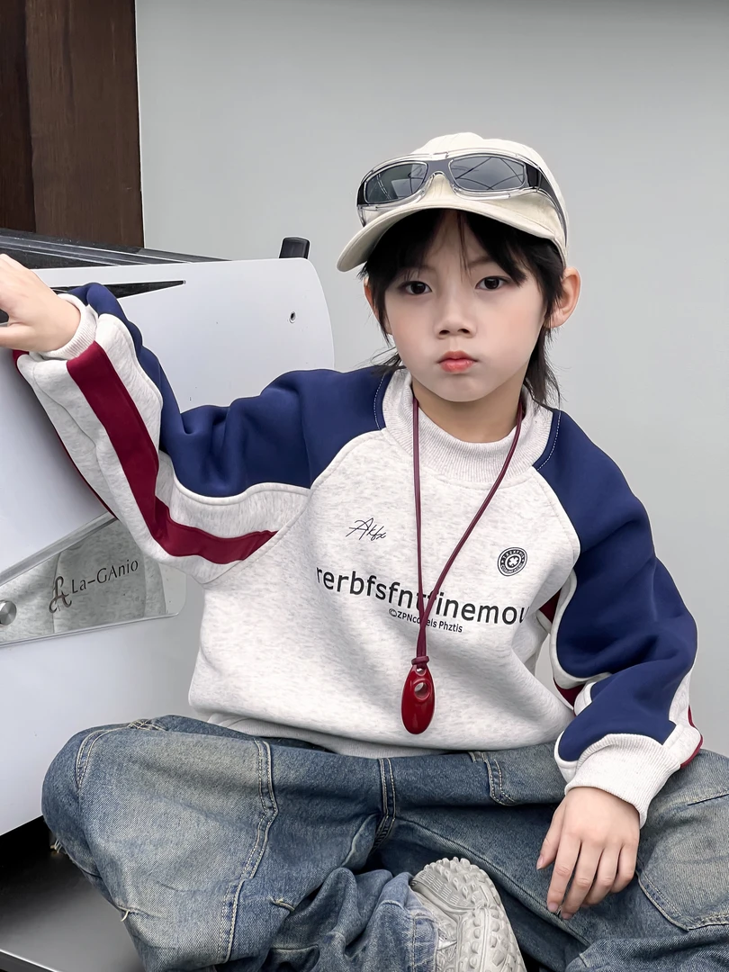 男童加绒卫衣一体绒加厚2024新款冬季儿童大童冬装打底衫男孩潮牌