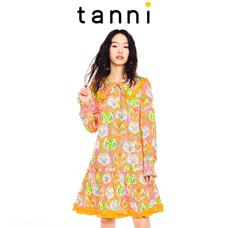 商场同款纯棉A版娃娃领荷叶边印花长袖连衣裙女TL11DR006B