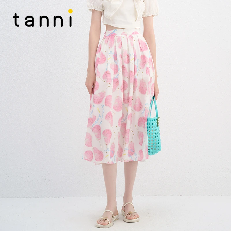 tanni24新款甜美俏皮浪漫粉梨女孩印花松紧腰半身裙TN11SK081B