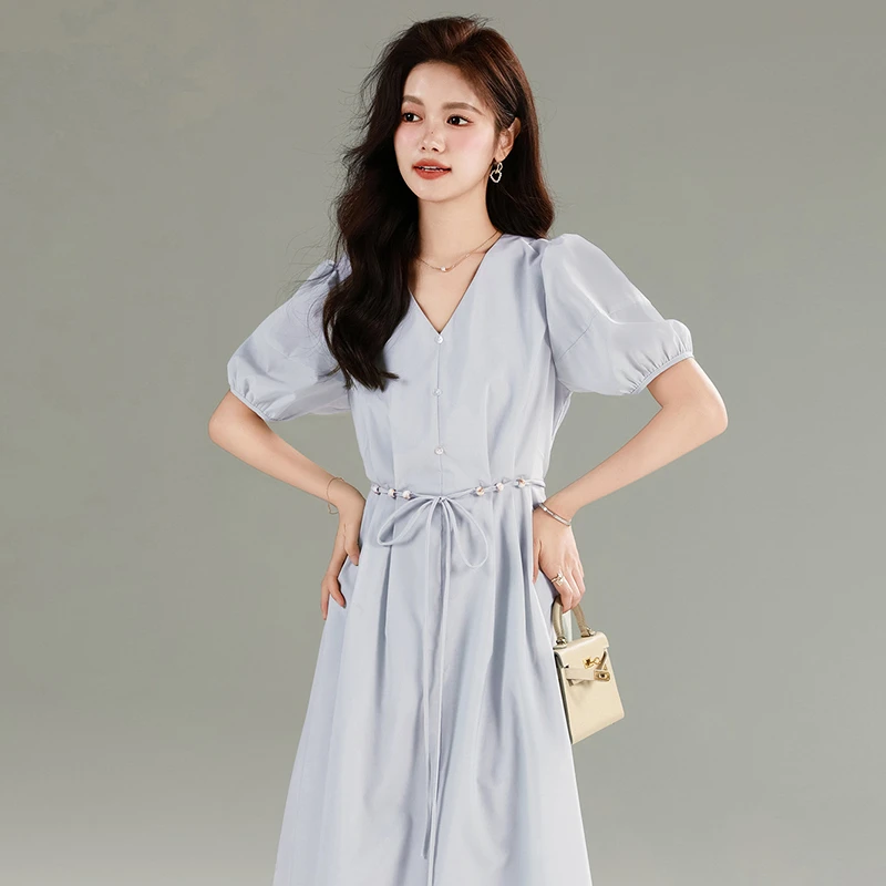 【筱安】法式夏季女装连衣裙2025年夏季新款V领收腰简约a字裙1317