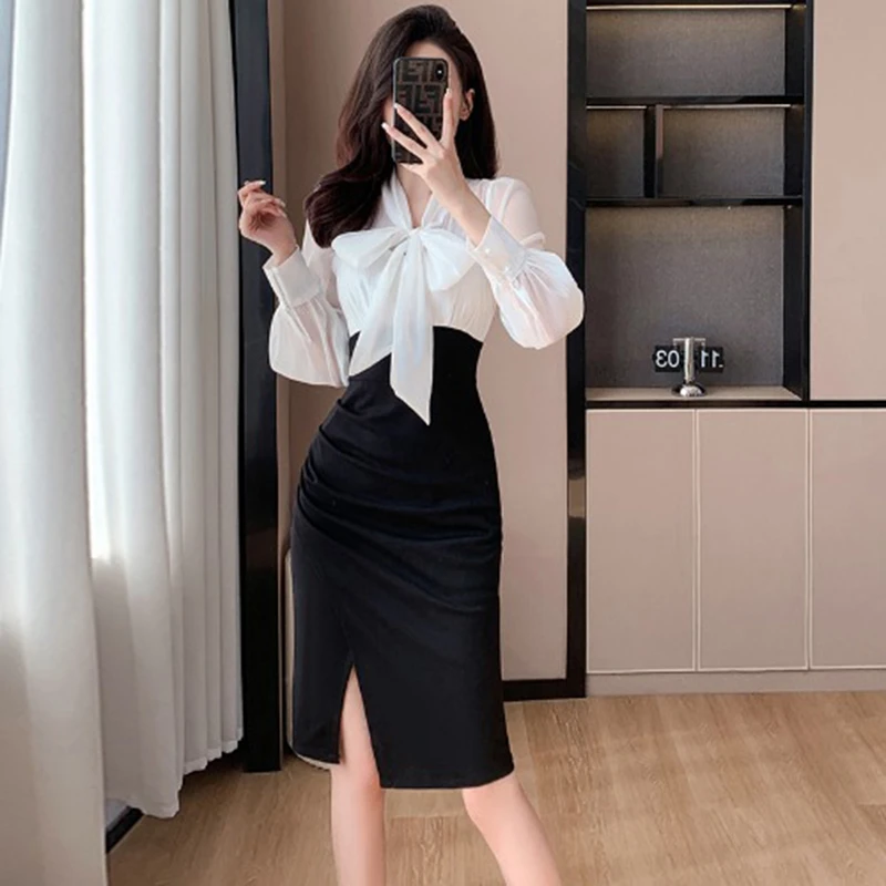 女装法式时尚气质收腰修身连衣裙褶皱显瘦包臀蝴蝶结裙子A8110