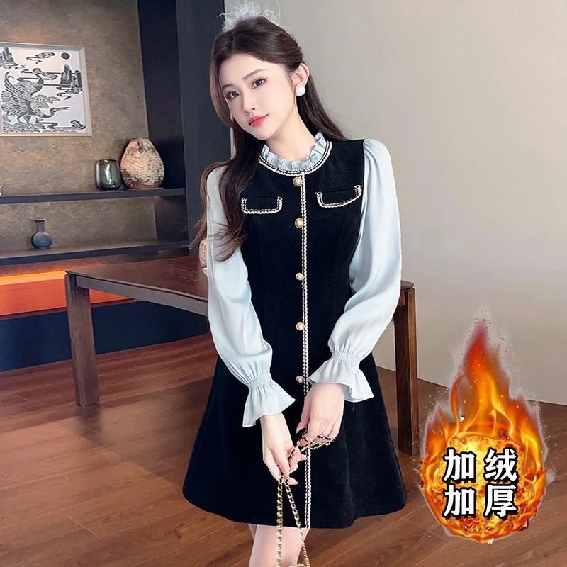 【常规/加绒】小香风拼接漂亮独特显瘦法式连衣裙内搭打底裙子2738