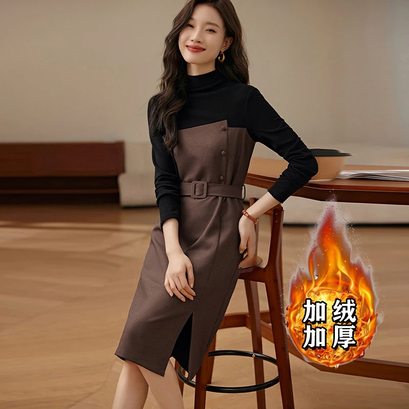 加绒加厚假两件连衣裙新款撞色修身通勤简约开叉收腰连衣裙6289