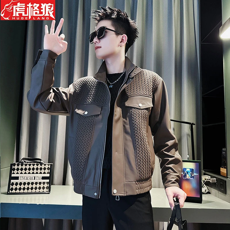 2024秋冬款编织麦穗拼接皮衣男潮牌机车服pu皮褂子外套重磅皮夹克