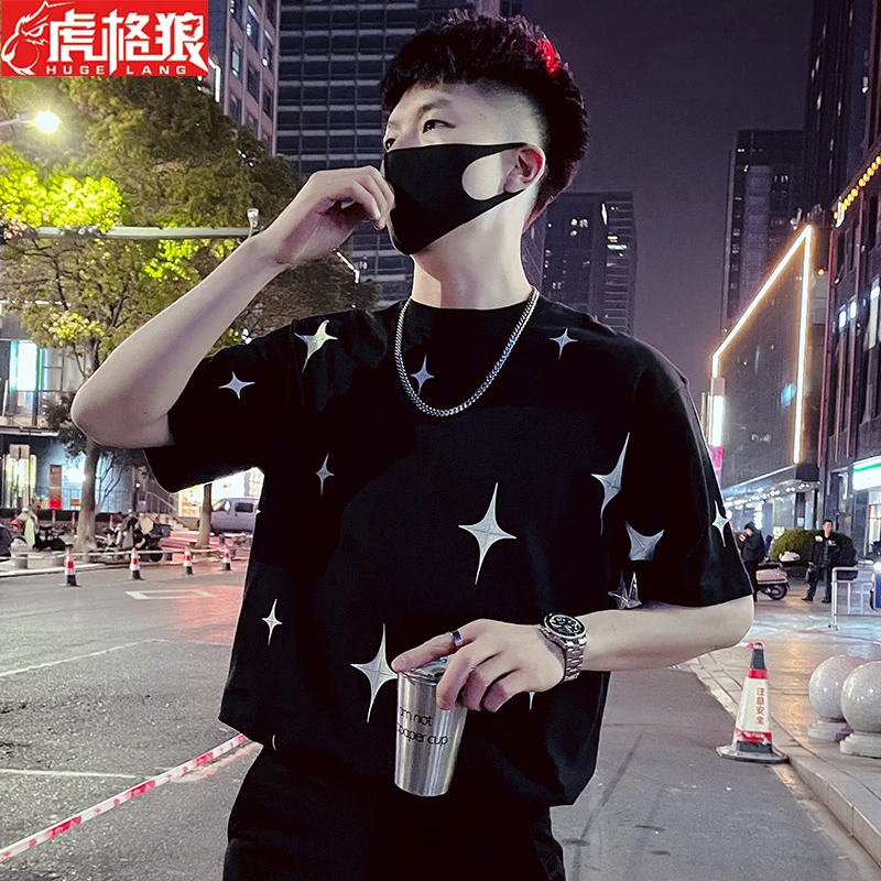 小领口设计感短袖t恤男装2023星空印花半截袖上衣服男痞帅休闲服t