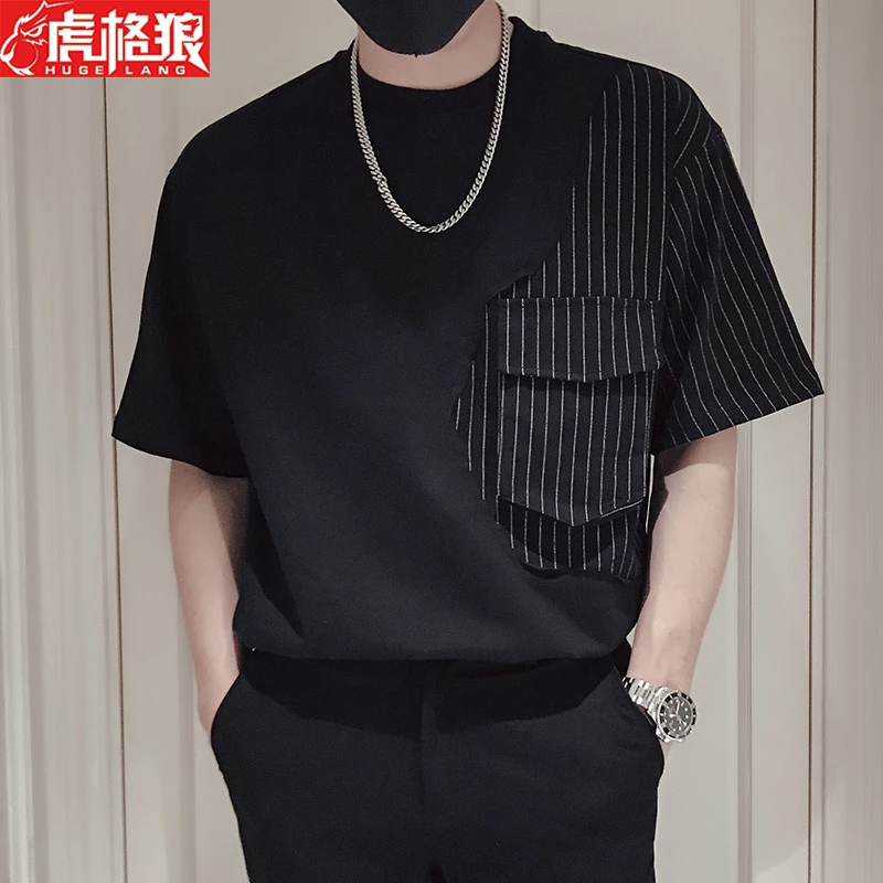 夏季条纹拼接T恤男ins潮牌短袖上衣2023男款痞帅高级感重磅设计感