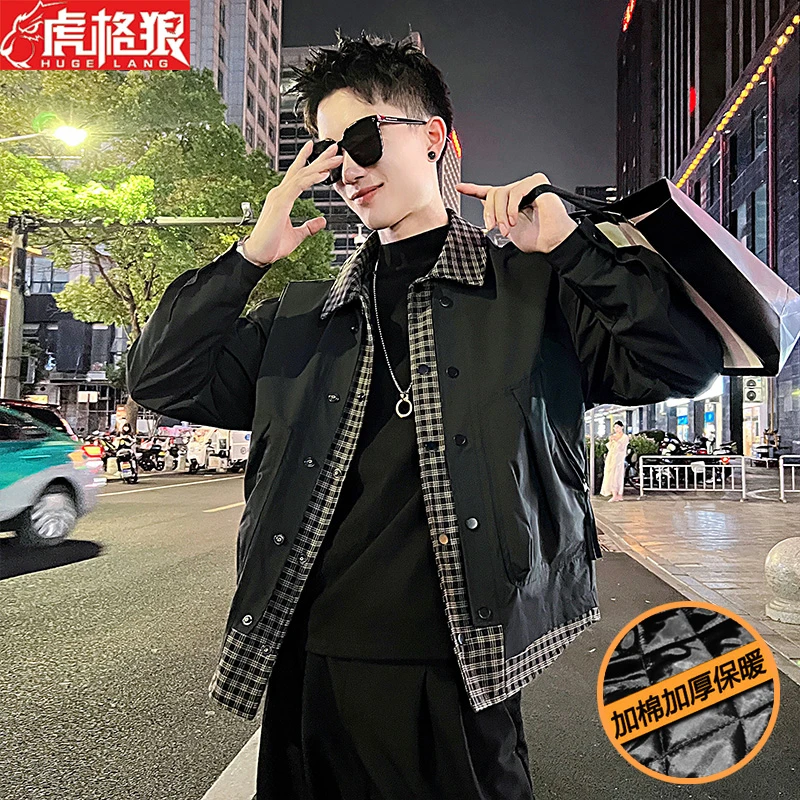 2024秋冬款痞帅棉衣加绒保暖外套潮牌假两件格子夹克过冬外套男装