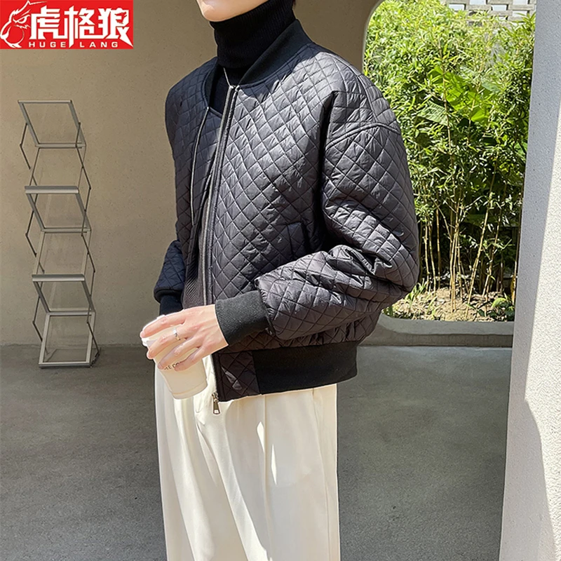 棒球领小个子洋气外套男款冬季轻薄棉衣菱形格棉服男潮流短款袄子