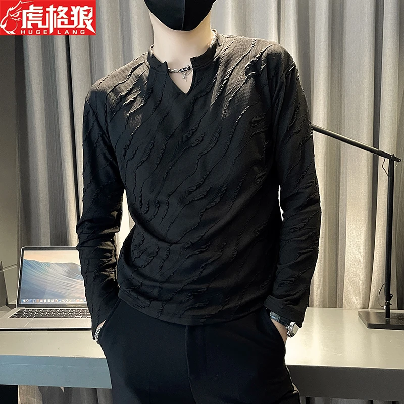 秋季男士打底衫V领设计感长袖T恤衫2023新款百搭休闲上衣时尚穿搭