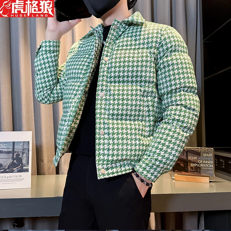 千鸟格棉衣外套男修身韩版棉袄加厚防寒短款上衣翻领休闲痞帅冬款