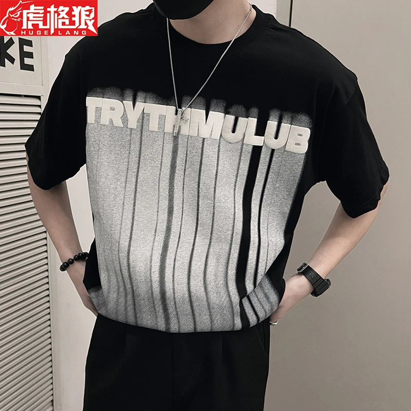 2023夏季社会小伙痞帅美式短袖T恤男潮流条纹高级感新款潮牌半袖