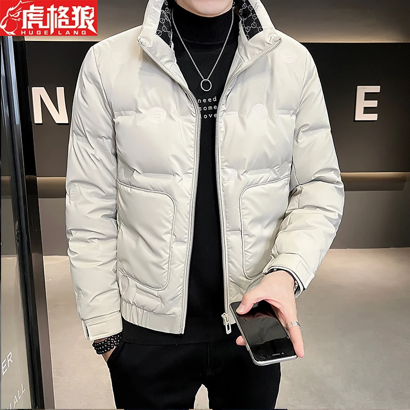 高级感羽绒服男2023秋冬季保暖纯色短款男士冬装修身立领加厚外套