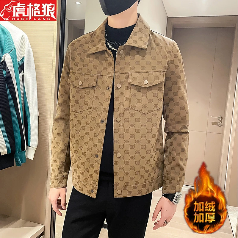 2023秋冬加绒新款皮夹克翻领男外套修身皮衣格子百搭休闲上衣爆款