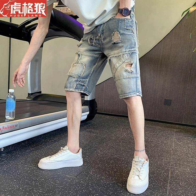 夏季男士牛仔裤子短裤修身潮流破洞薄款2024新款痞帅高级感破洞潮