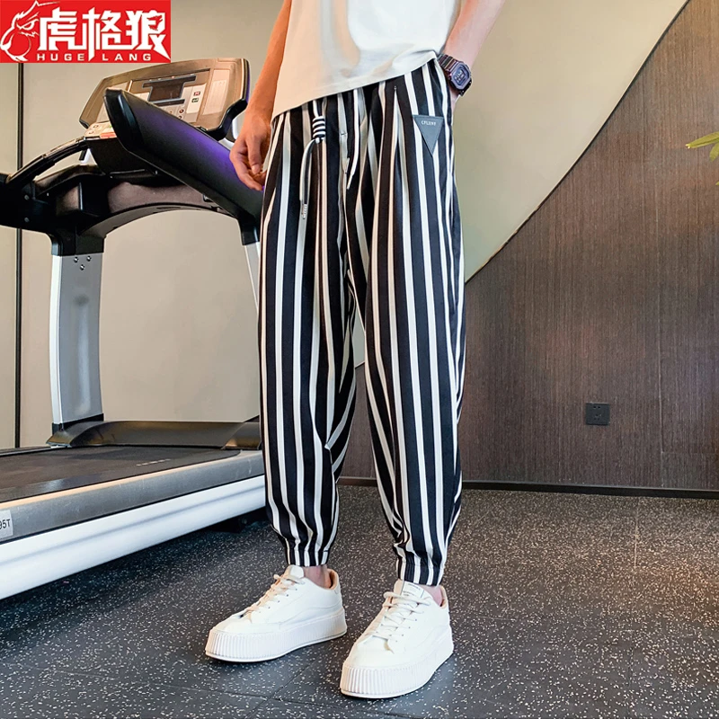 夏季薄款条纹休闲裤男冰丝九分裤子潮流宽松哈伦裤痞帅男裤防蚊裤