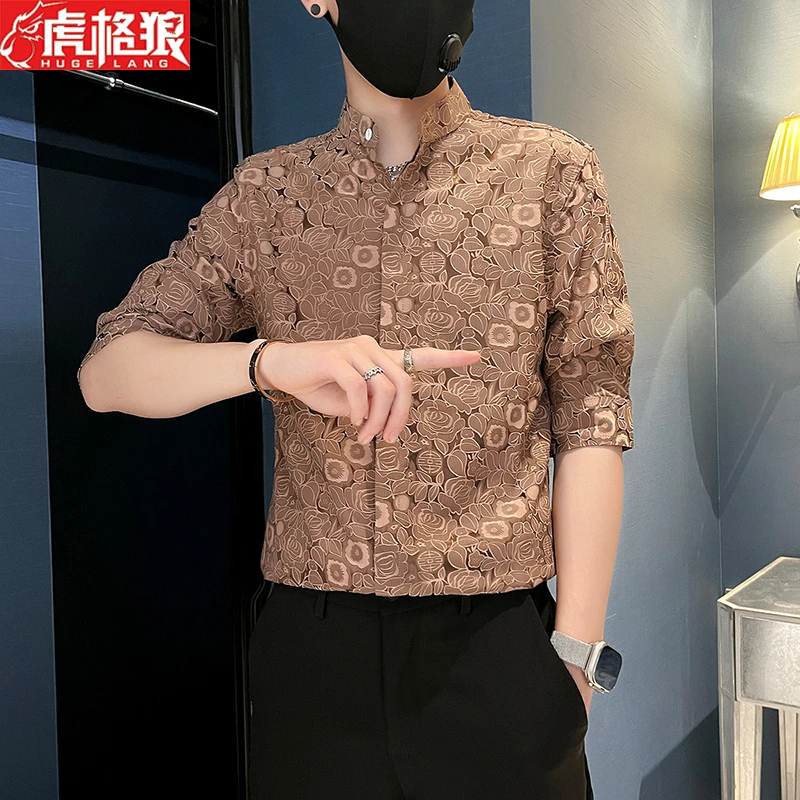 高档男装中袖花衬衫提花寸衣帅气2024夏装翻领中袖薄款立领衬衣服