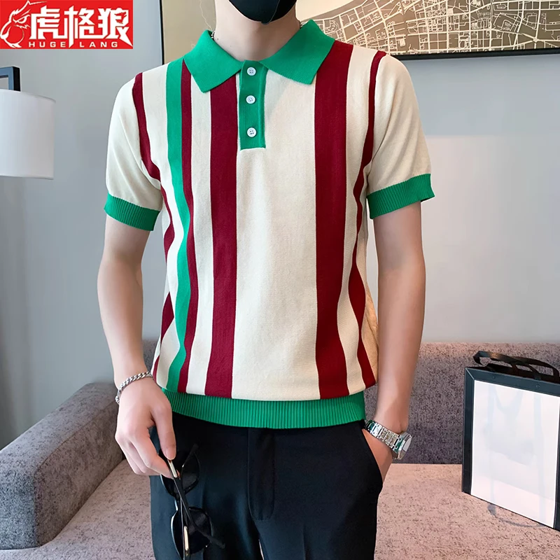 夏季男士t恤polo衫短袖翻领拼色半袖针织冰丝潮流条纹体恤高级感