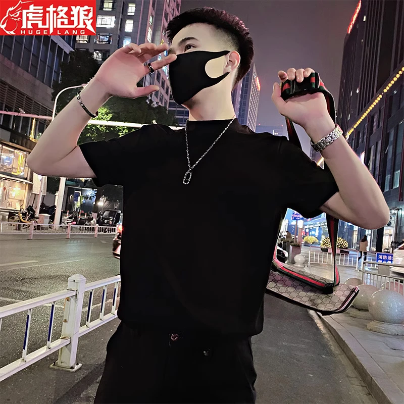 纯色t网红潮牌痞帅短袖半高领T恤韩版高级感半袖男装夏季百搭体恤