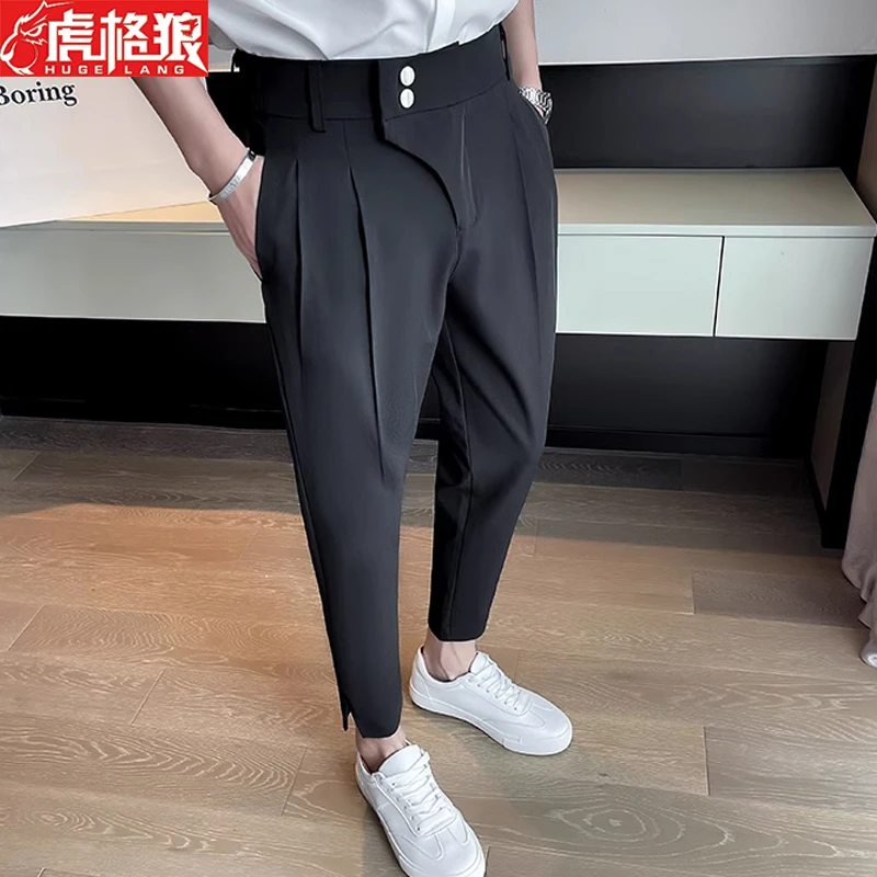 高级感白色西裤薄款冰丝九分裤男士夏季裤子潮流网红小脚白休闲裤