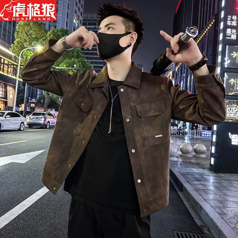 高端棕色皮夹克外套男秋季工装修身pu皮褂子2024爆款机车服皮夹克