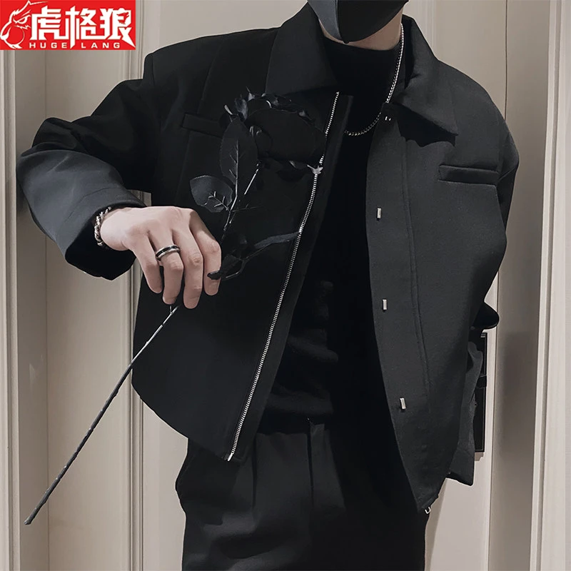 秋季穿搭高级感黑色外套男小众设计韩系风格西装短款翻领夹克男装