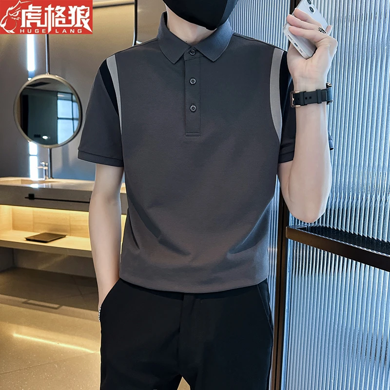 2023夏季新款高端拼接撞色夏季短袖翻领Polo衫短袖T恤男痞帅半袖