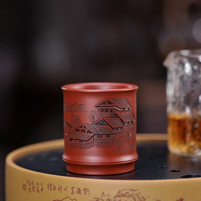 宜兴紫砂主人杯管庆飞纯手工刻绘忆江南品茗杯竹节杯竹报平安杯