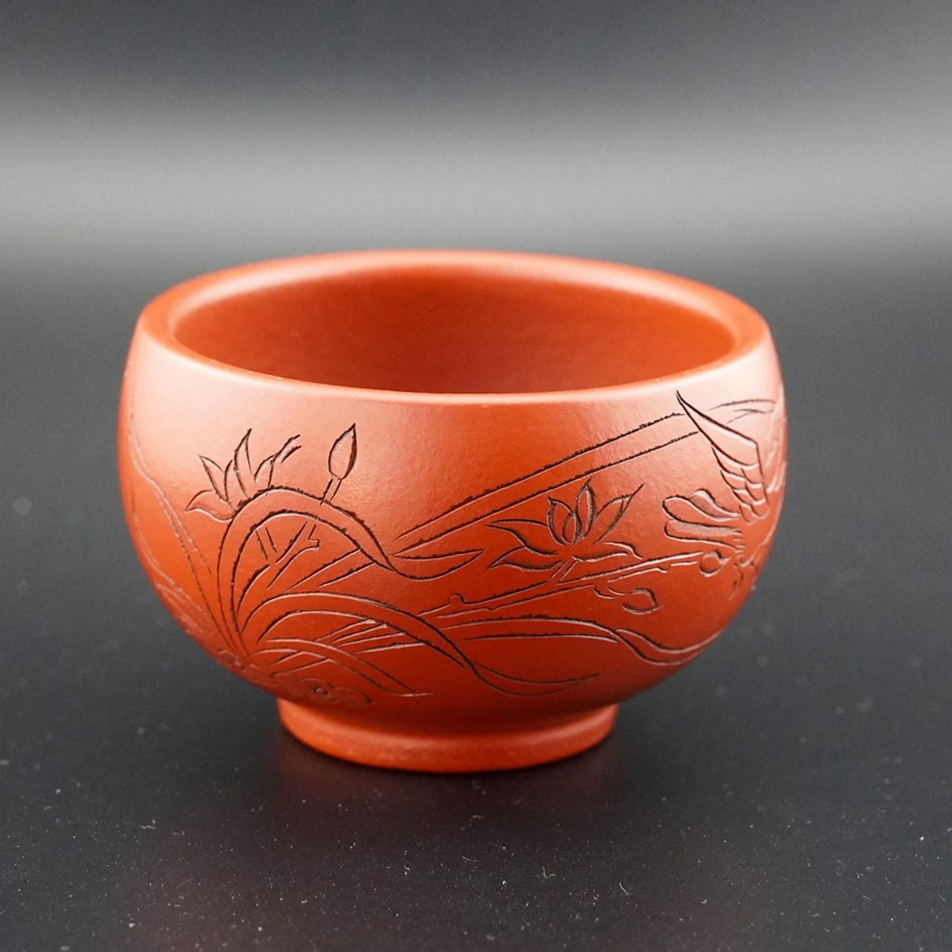 宜兴紫砂主人杯工夫茶品茗杯原矿大红袍手工刻绘兰花紫砂杯