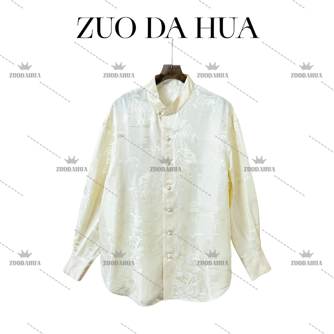 左大花 山水画 精致设计感提花衬衫女秋季新款轻奢气质新中式上衣
