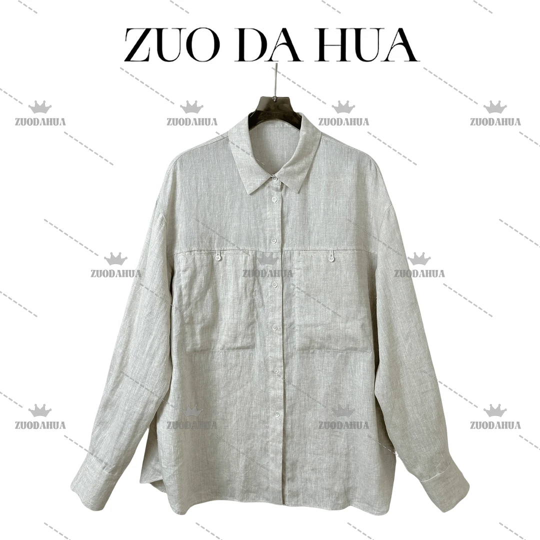 左大花 薄款亚麻简约口袋翻领衬衫女春季薄款外搭休闲气质上衣