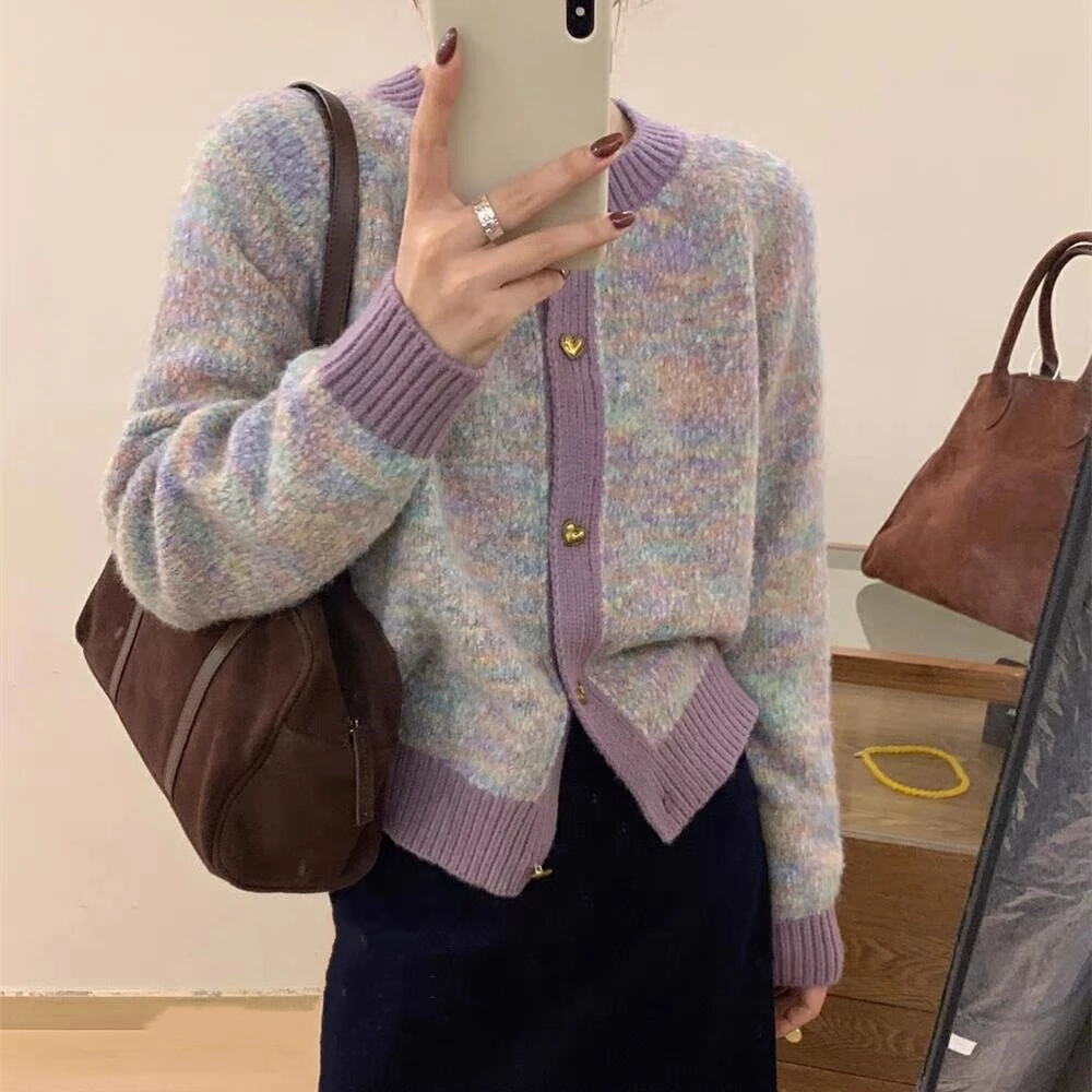 小香风高级感撞色圆领针织开衫女春秋加厚宽松洋气慵懒毛衣外套